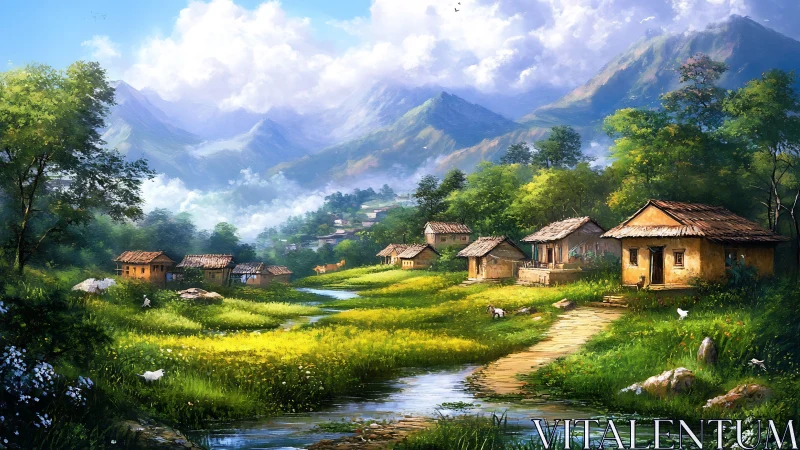 Sunlit mountain hamlet dreaming beside a winding brook.