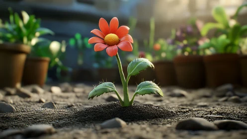 Single orange flower in soil within shallow garden scene.