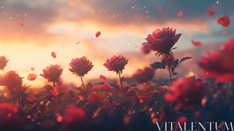 Atmospheric rose field with luminous bokeh particles and chromatic gradient sky.
