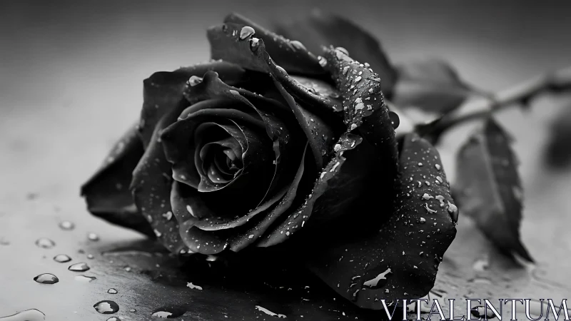 Glistening black rose in dramatic monochrome close-up.