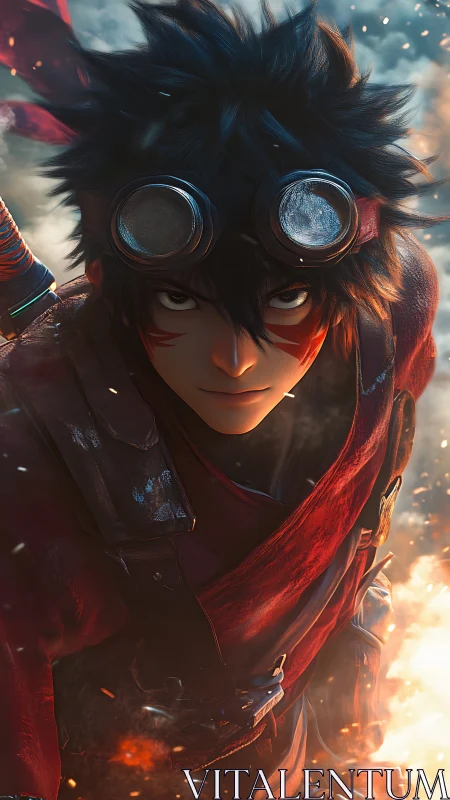 Anime warrior in red cloak amid flying embers, intense gaze.
