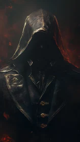 Hooded wraith in smoldering embers and burnished armor.