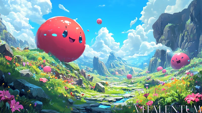 Smiling red orbs in lush fantasy valley landscape.