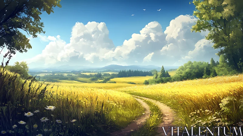Curving dirt path divides sunlit wheat fields under cumulus sky