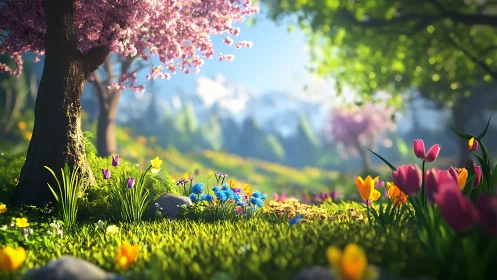 Spring Garden Blossoms Beneath Flowering Tree.