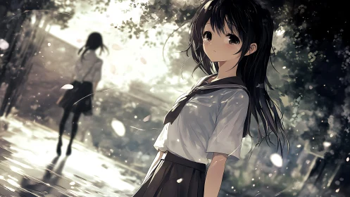 Backlit schoolgirl in uniform amid drifting petals, dusk