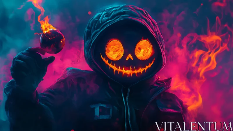 Fiery pumpkin skull figure in hooded jacket amid neon smoke.