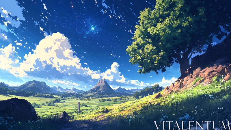Starlit valley sky drifts above a bright, peaceful meadow