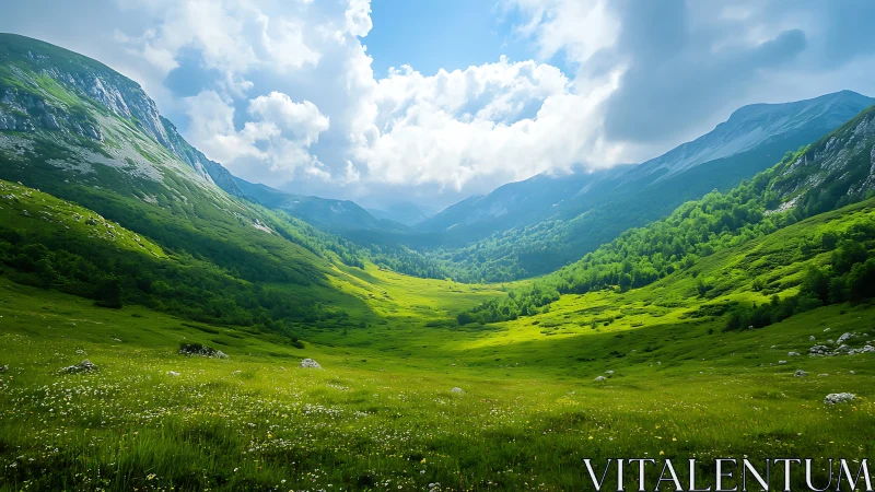 Sunlit valley bowl cradles whispering emerald mountains