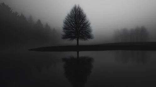 Leafless tree on foggy lakeshore with mirrored reflection.