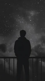 Silhouetted figure stands before dense star field at night