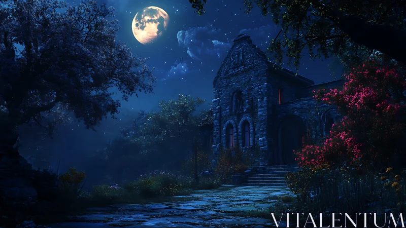 Moonlit stone manor rises over luminous midnight garden.