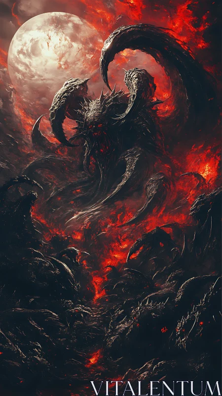 Demonic tentacled creature rises under full moon in fire