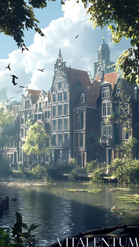Canal houses under summer light in historic European city.