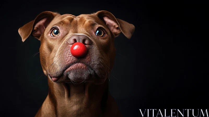 Brown Dog with Red Clown Nose Against Black Background