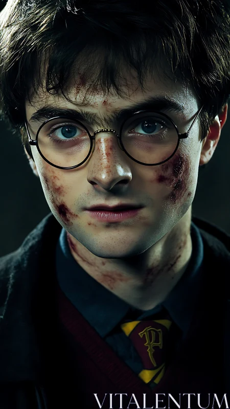 Brave young wizard gazes ahead with quiet, steady resolve.