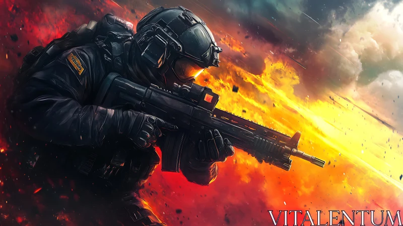 Tactical operator advances through explosive firestorm with rifle