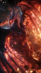 Fiery dragon guardian rising in swirling embers and light.