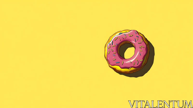 Bright pink frosted donut rests playfully on sunny yellow