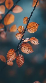 Autumn branch with dewy orange leaves in soft focus.