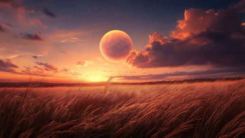 Crimson moonrise ignites windswept wheat field at dusk.