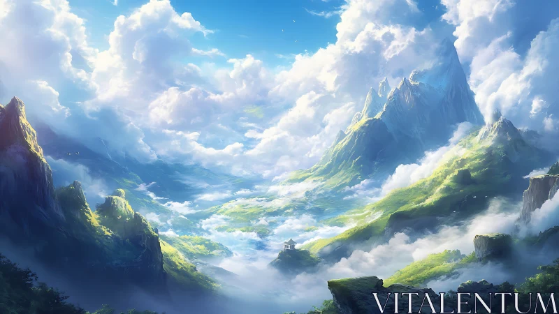 Sunlit fantasy mountains rise above clouds in serene silence