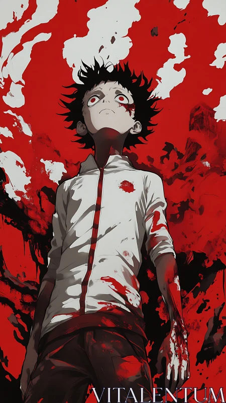 Blood-soaked anime boy amid explosive red abstraction.