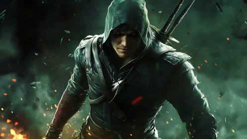 Hooded fantasy warrior walks through smoke and embers.