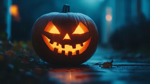 Carved jack o lantern sits on wet path during twilight