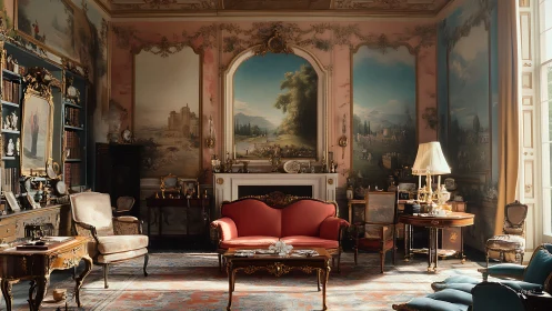 Photorealistic Rococo salon interior with ornate wall murals.