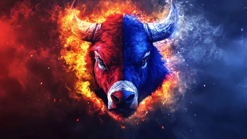 Bison head splits fire and ice with vivid bilateral contrast