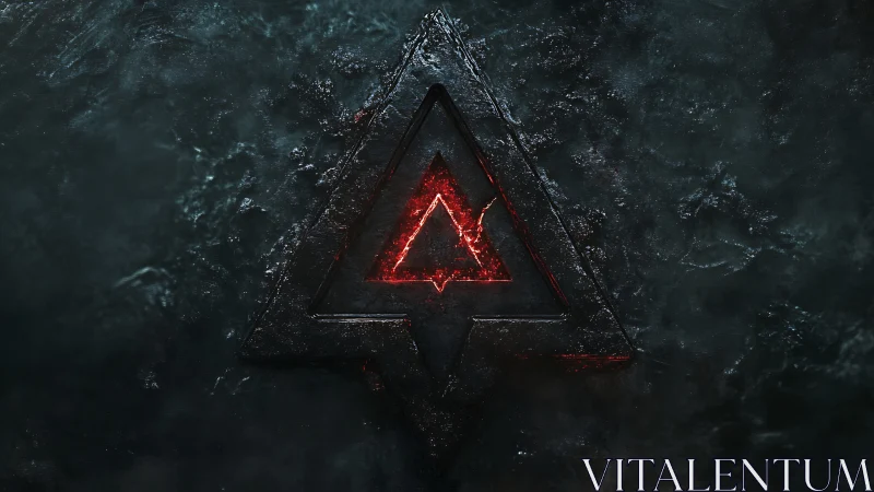 Glowing red triangle symbol emerges from dark stone surface