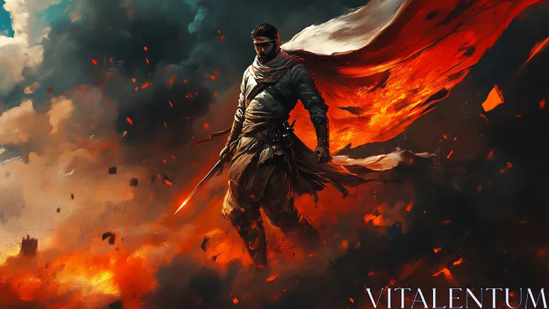 Firelit desert swordsman with torn ember cloak in battle storm