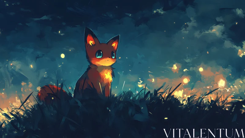 Small stylized fox in dusk field with glowing lights.
