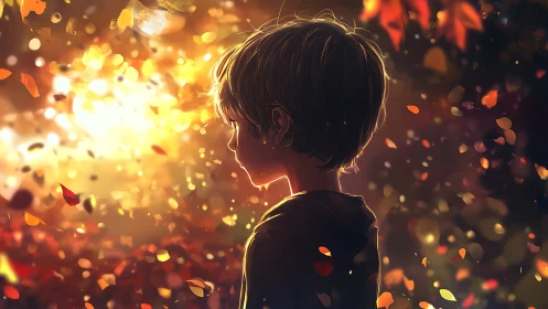 Backlit child in autumn bokeh, cinematic digital painting profile.