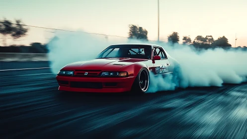 Scarlet drift rocket paints smoky circles on twilight asphalt