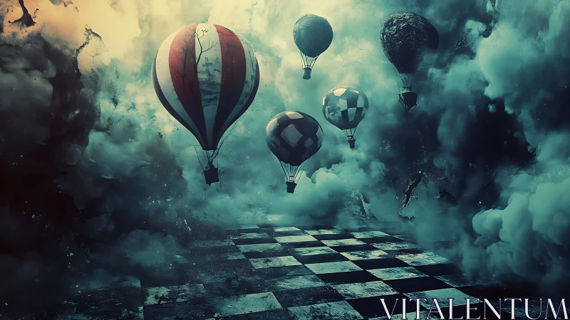 Hot air balloons drift above dark smoky checkerboard sky