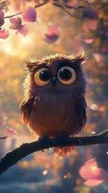 Gentle dusk owl with curious eyes and drifting petals.