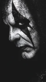 Monochrome portrait with cracked theatrical face paint profile.