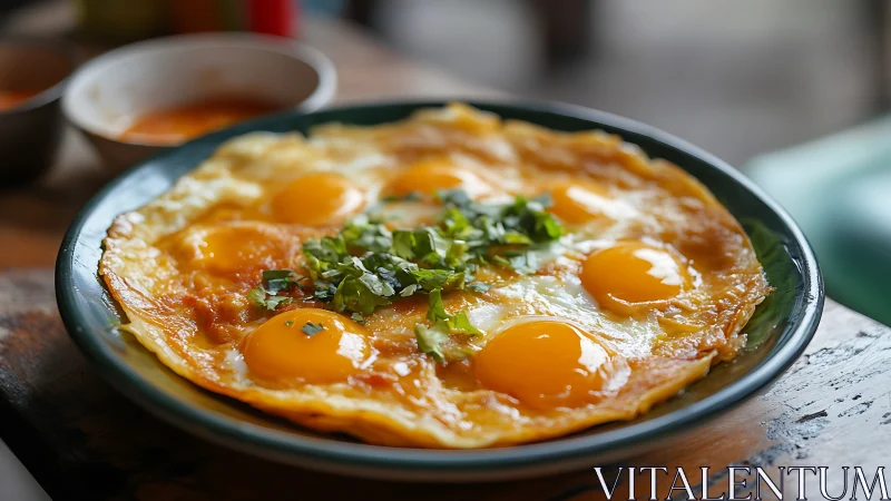 Sunny skillet eggs with herbs on a rustic breakfast table.