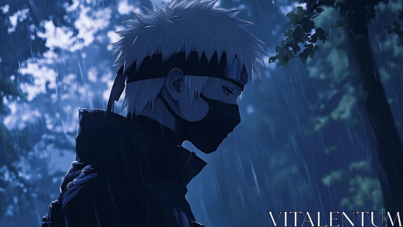 Quiet masked warrior pauses thoughtfully in a gentle rainstorm