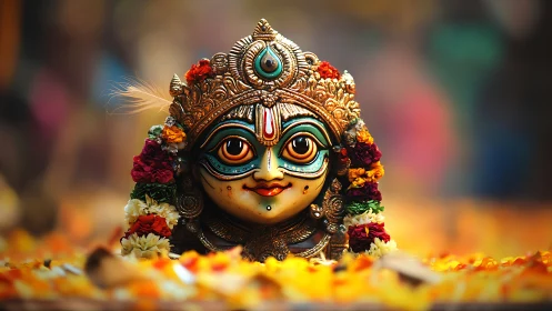 Decorative goddess mask rests on marigold petals in bokeh light