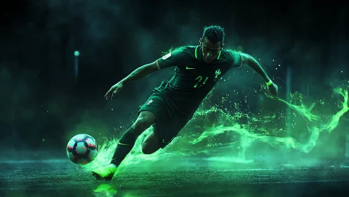 Kinetic football striker with neon plasma motion trails in rain.