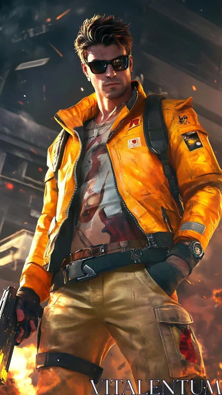 Cyber mercenary in orange tactical jacket surveys burning cityscape