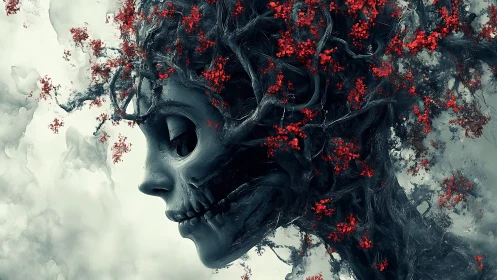 Surreal skull-tree portrait with red blossoms in mist