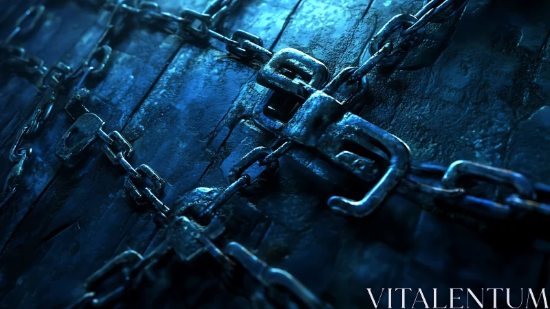 Heavy metal chains locked across dark wooden surface.
