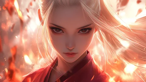 Blonde anime woman in red robe amid abstract fiery light.