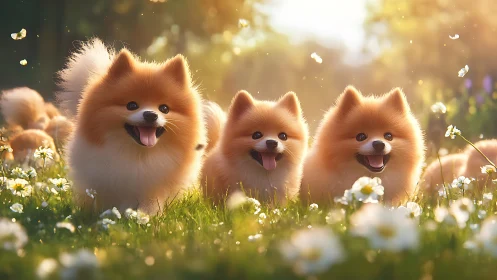 Fluffy Pomeranian trio running through sunlit spring meadow.