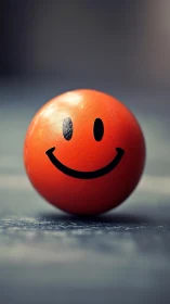 Orange smiley ball rests on textured surface in soft light