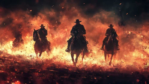 Silhouetted riders advance through wildfire embers in high-contrast